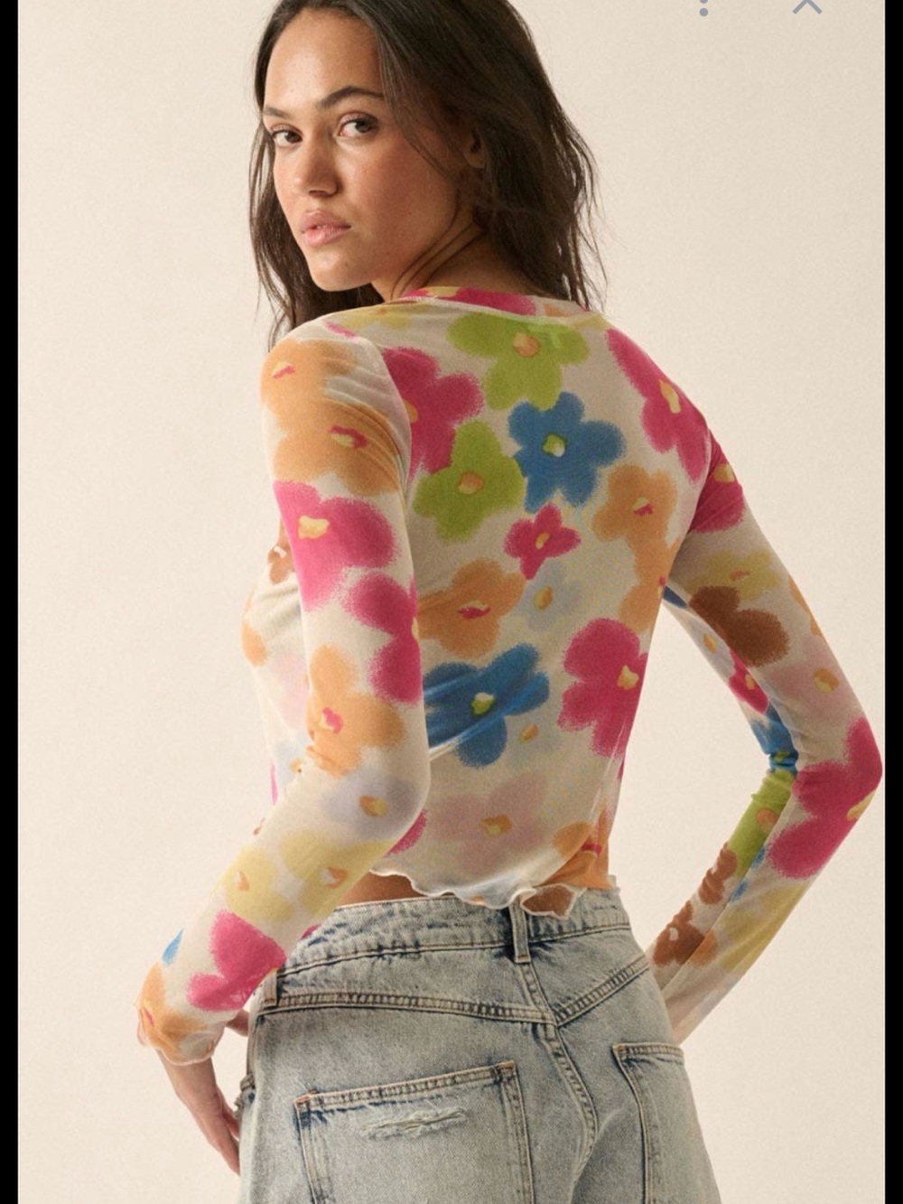 Promesa Sheer Floral Print Long Sleeve Top - Multicolor